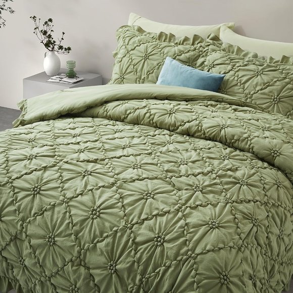 King Size Bed Comforter Shams Set Sage Green Ruffle Shabby Cottage Chic Bedding